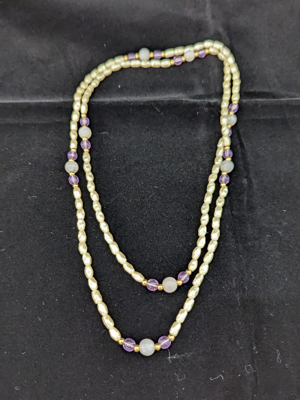Double-Strand Gold Pearl Necklace with Purple Accent Beads